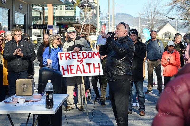 CHRISTCHURCH, NEW ZEALAND, JULY 24, 2021, A man speaks at a protest rally at the Bridge of Remembrance in Christchurch. Activists spoke against increasing government control over Covid vaccinations, farm taxes and civil liberties