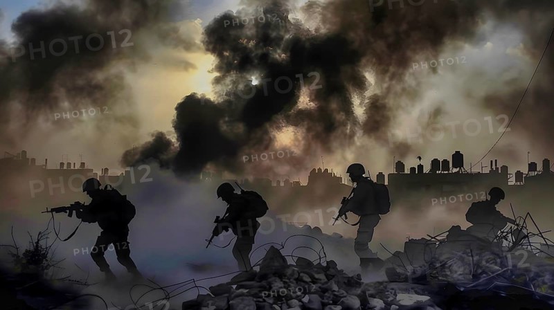 Four soldiers with an assault rifle at the ready, combing through a bombed-out city, columns of smoke rising in the background, in the far background still intact houses with pressurised water tanks on the roofs, AI generated, AI generated