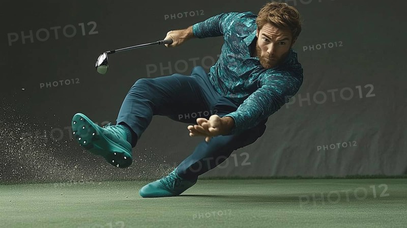 A man in motion with a golf club in an indoor setting, showcasing dynamic athleticism, AI generated