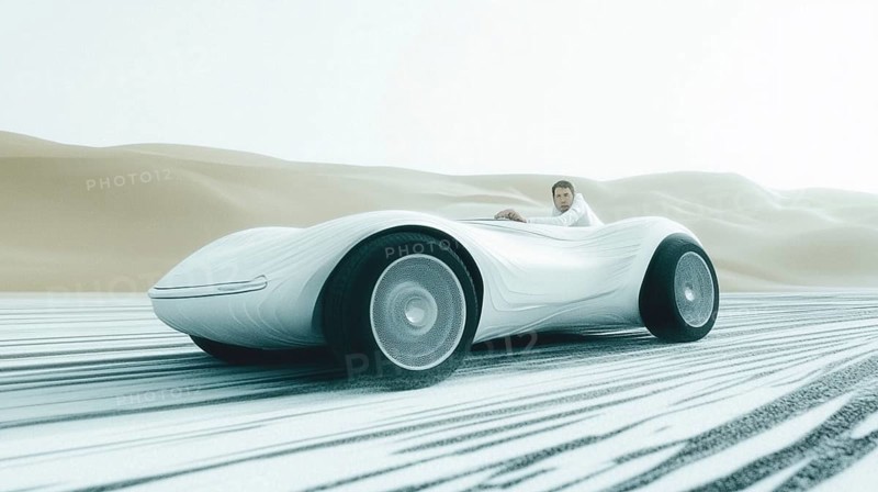 A sleek, futuristic car drifts through sandy dunes, kicking up clouds of dust. The sun sets in the background, casting a warm glow over the scene. A driver is visible, enjoying the ride in a stunning desert landscape, AI generated