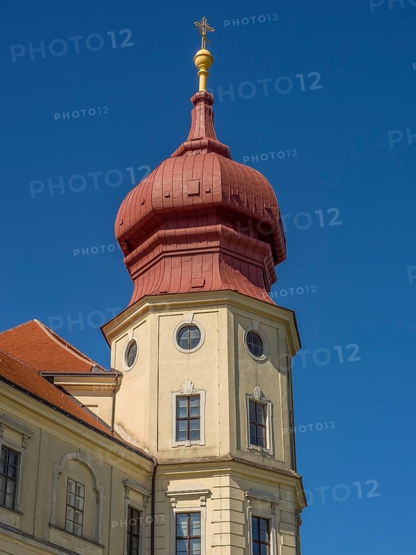 Baroque tower with red roof under a bright blue sky, Dürnstein, Wachau, Danube, Austria, Europe
