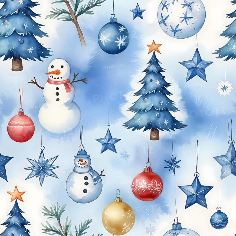 Festive winter themed illustration featuring snowmen, Christmas trees, and ornaments on a blue background, Seamless pattern, AI generated