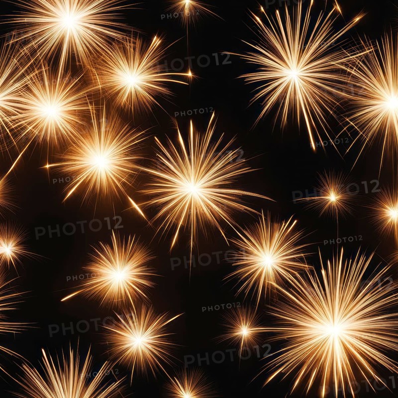 Multiple fireworks explode in the night sky, displaying a bright and joyful celebration with golden light, AI generated