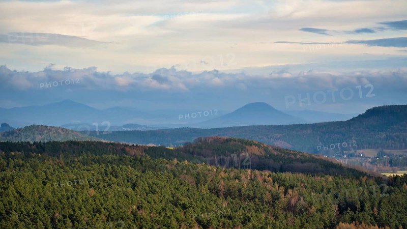 View from the Pfaffenstein. Forests, mountains, vastness, panorama. Landscape from the Elbe Sandstone Mountains