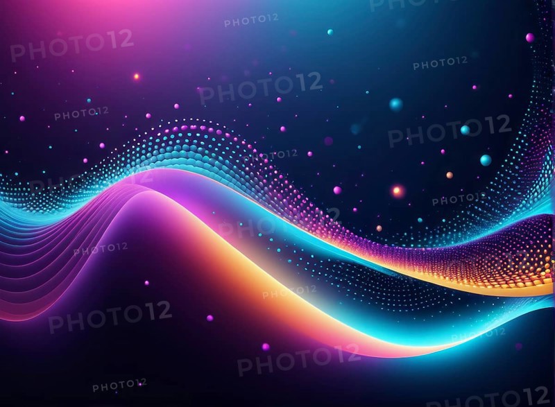 Glowing neon lights in purple and blue with scattered dots create a flowing wave pattern against a dark background in this abstract art, AI generated