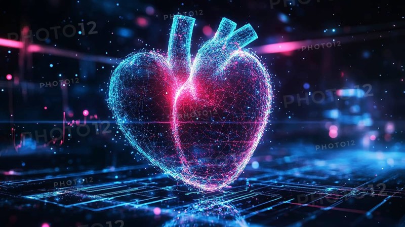 A neon-lit digital heart hovering above a high-tech grid, with glowing blue and pink hues creating a futuristic ambiance, AI generated