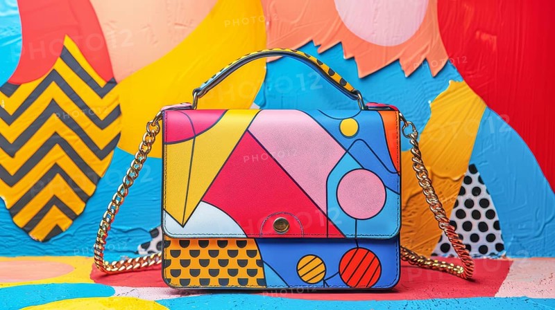 Handbag with abstract design and geometric patterns in vibrant colors, complemented by a gold chain, AI generated