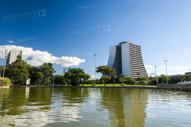 Porto Alegre, Rio Grande do Sul, Brazil, March 29, 2021: Beautiful photograph of the square of the Azoreans, bridge and monument to the Azoreans on a sunny day, South America