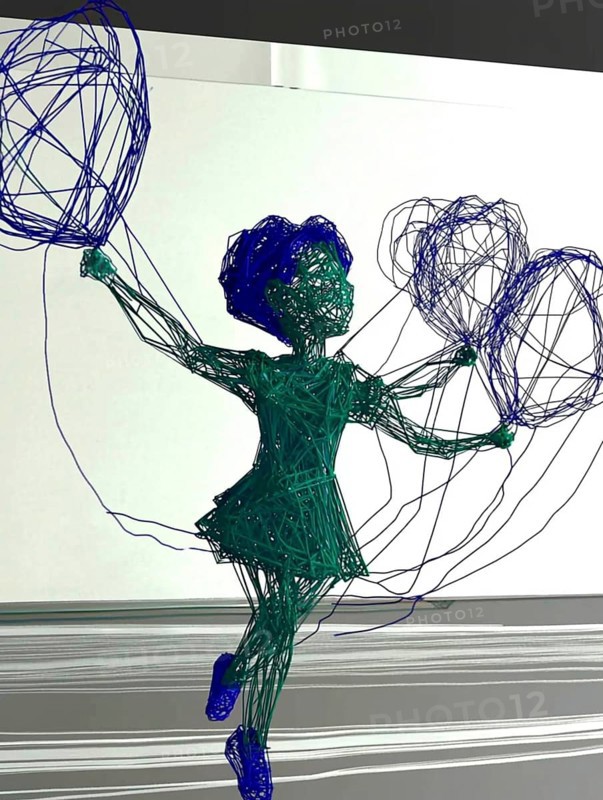 Abstract wire sculpture of a child holding balloons, rendered in blue and green, AI generated