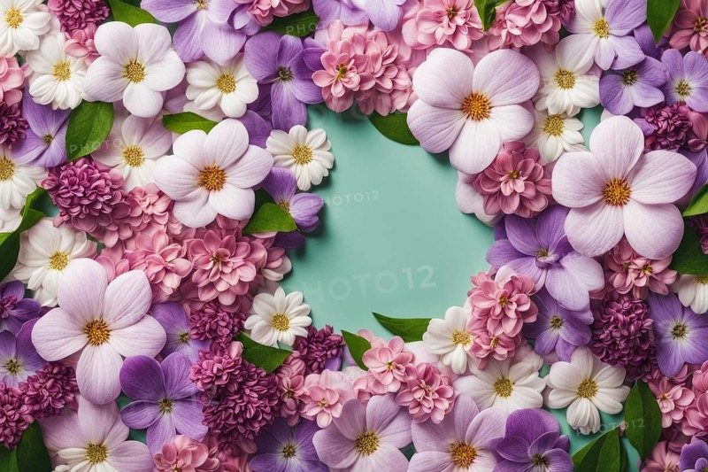 A delicate floral wreath made of pink, purple, and white flowers with green leaves, AI generated