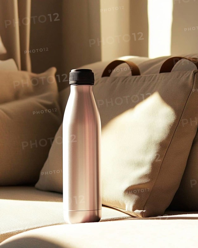 A silver metal water bottle with a black cap is illuminated by morning light, casting shadows on a beige couch in a light-filled room, AI generated