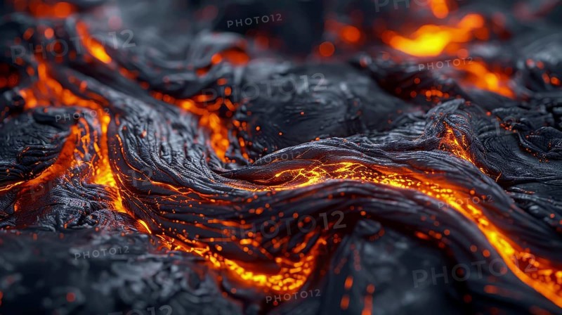 Close-up of glowing lava textures with bright orange accents against a dark background, detailed and intense, AI generated