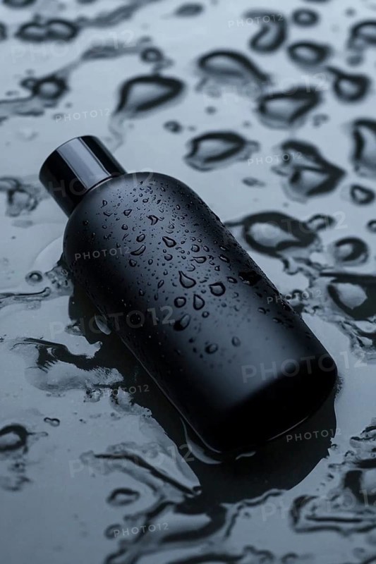 A black bottle covered in water droplets lying on a dark, reflective, wet surface, AI generated