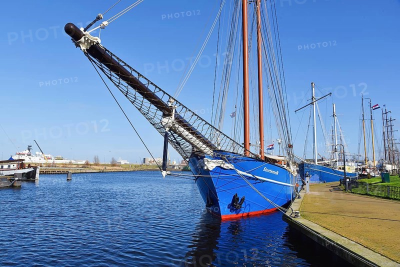 Den Helder, Netherlands. April 2023. The bow and bowsprit of an old schooner
