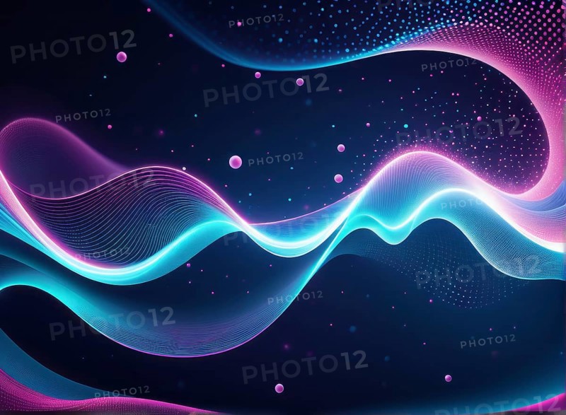 Glowing neon waves in pink and blue flow gracefully against a dark background, forming an abstract and futuristic digital art, AI generated