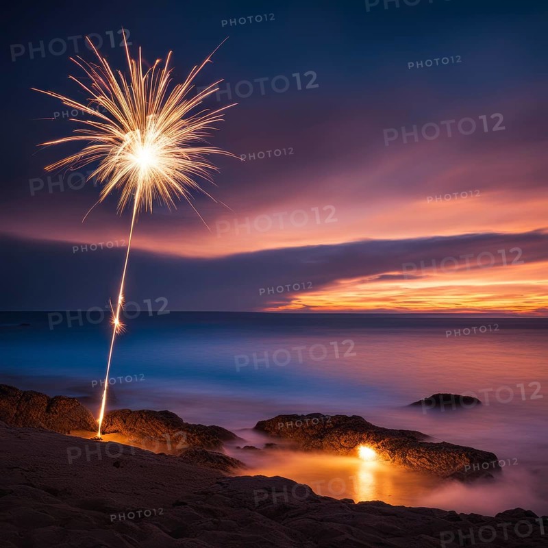 Sparkler glowing brightly on the beach at sunset, with a serene ocean and colorful sky creating a festive yet peaceful mood, AI generated