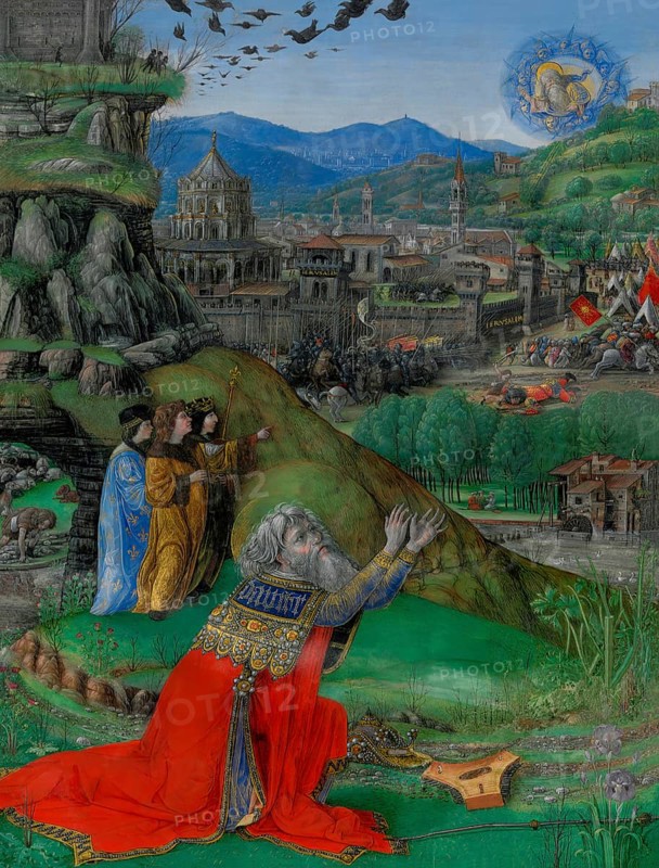 Illumination from Psalms of David, a bible commissioned by King Matthias Corvinus of Hungary, digital edited according to a painting by Gherardo and Monte di Giovanni, 15th century