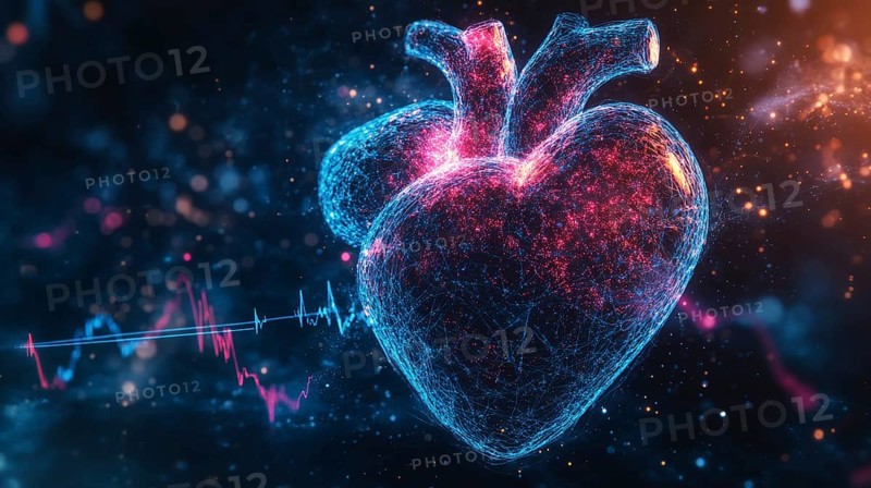A glowing digital heart in neon blue and pink hues, with a visible heartbeat line, depicting a high-tech, futuristic atmosphere, AI generated