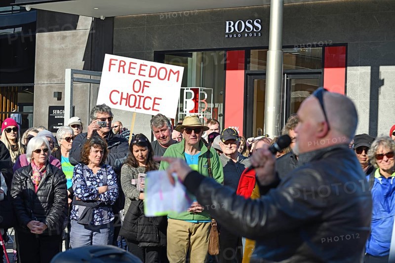 CHRISTCHURCH, NEW ZEALAND, JULY 24, 2021, A man speaks at a protest rally at the Bridge of Remembrance in Christchurch. Activists spoke against increasing government control over Covid vaccinations, farm taxes and civil liberties
