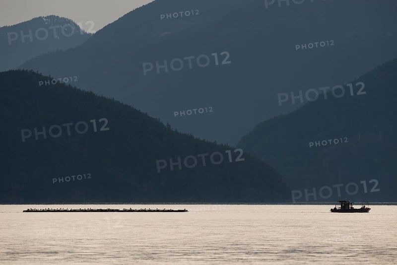 Ship pulling a raft through Howe Sound in British Columbia, Canada, North America