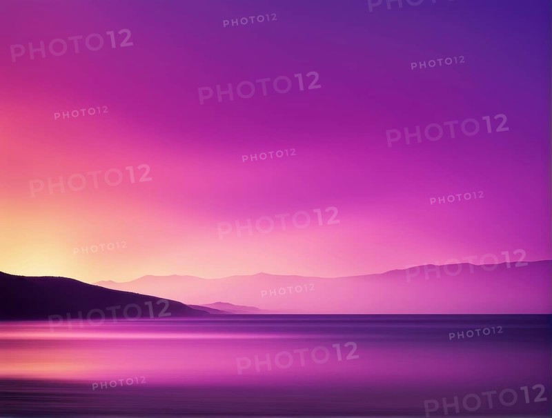Calm sunset with a gradient sky over mountains and water in purple and pink hues, AI generated