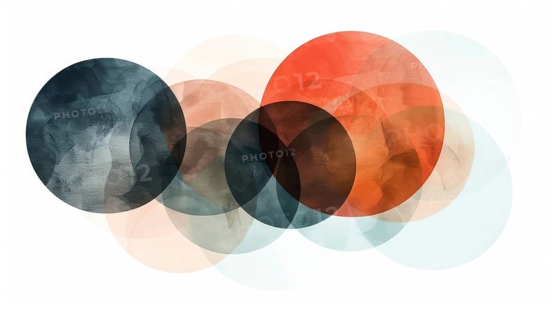 Abstract watercolor circles overlapping with shades of dark blue, red, and orange on a white background, AI generated
