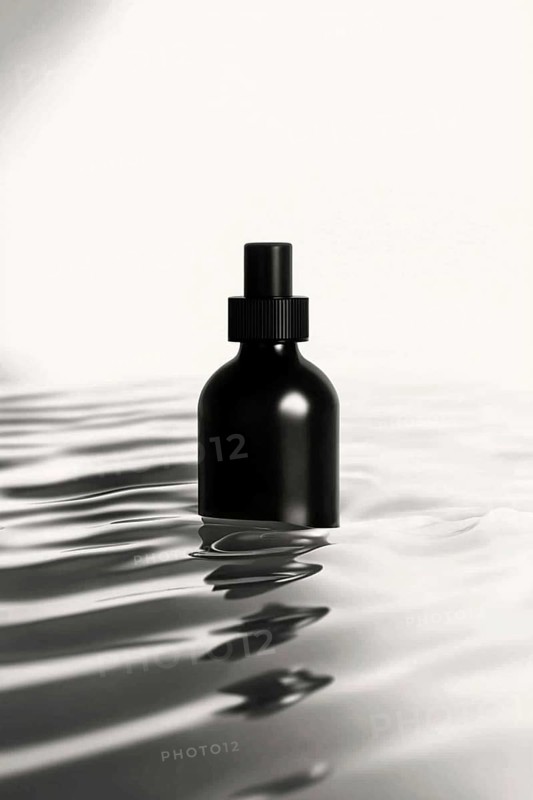 A black bottle floating in calm, reflective water with a minimalistic white background, AI generated