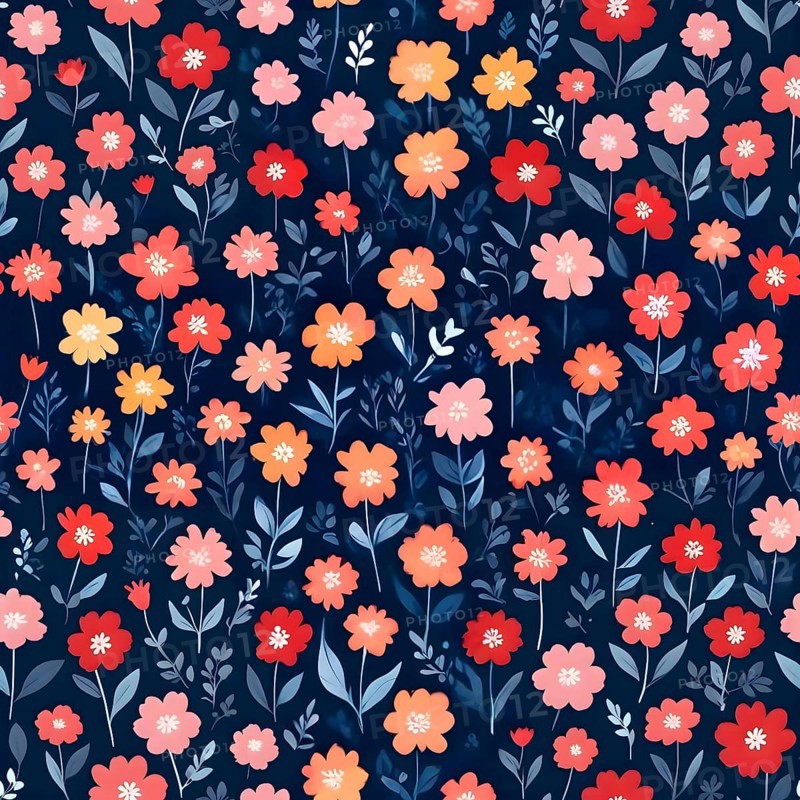 Dense floral pattern with red and peach flowers on a dark background, evoking a night garden feel, Seamless pattern, AI generated