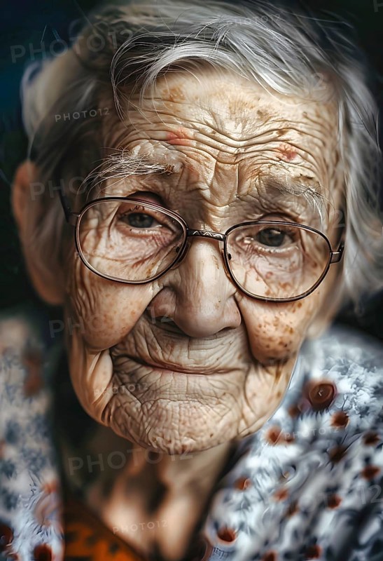 Portrait of a 95 year old lady wearing glasses, with many wrinkles and dark brown spots, looking into the camera, marked by life but still content, AI generated