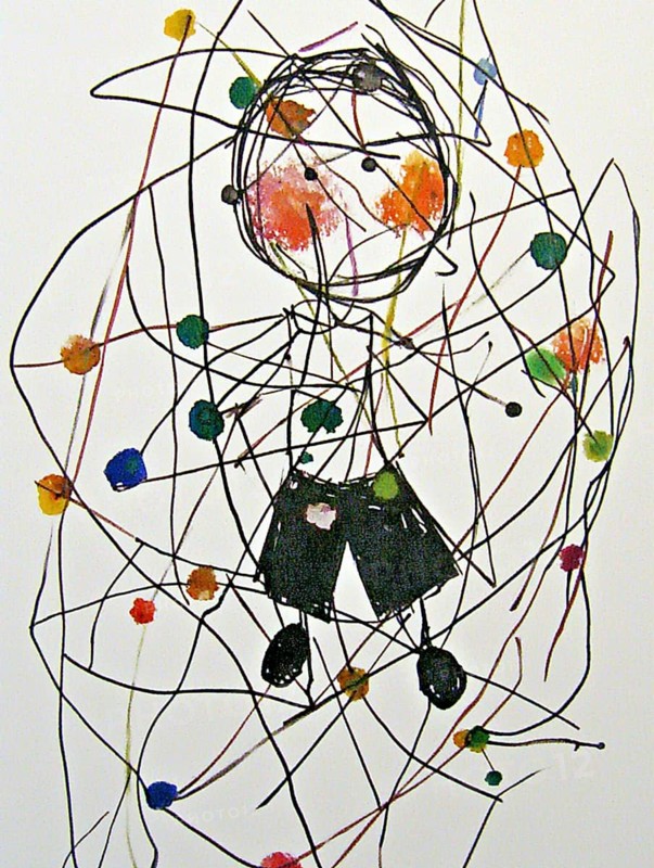 A dynamic mixed media artwork featuring a sketch of a human figure entangled in colorful lines, AI generated