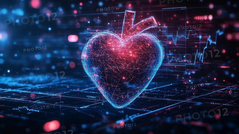 A digital heart in neon blue and pink, set against a backdrop of technical graphs and glowing particles, evoking a futuristic feel, AI generated