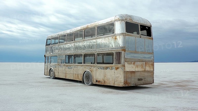 Rusty double-decker bus situated in vast salt flats under a stormy sky, giving an abandoned and weathered feel, AI generated