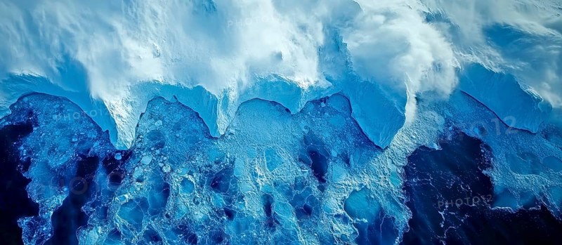 Aerial view of ice cliff meeting the ocean with turbulent waves crashing below, AI generated