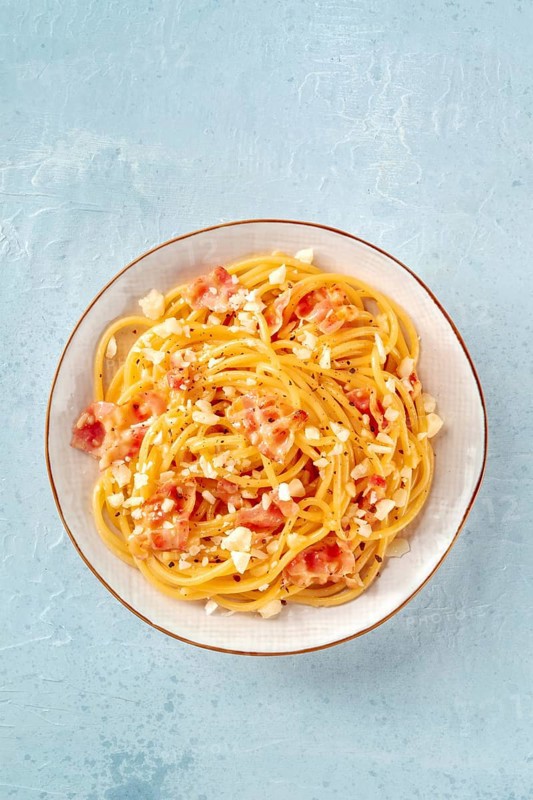 Carbonara pasta dish, traditional spaghetti with pancetta and cheese, shot from the top, Food photography