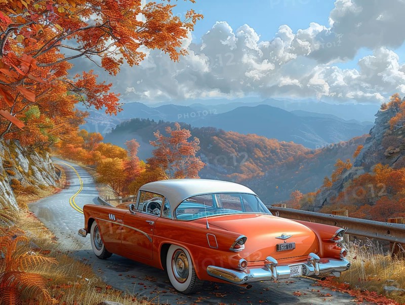 Digital painting of a vintage car cruising along a scenic autumn road with colorful trees and mountain views in the background, Generated AI, AI generated
