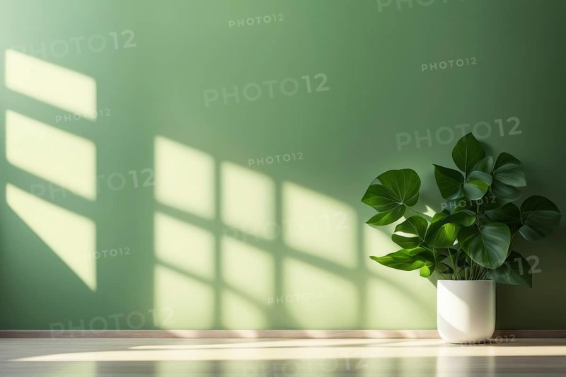 Sunlit room with green wall and plant in a white pot casting shadows, AI generated