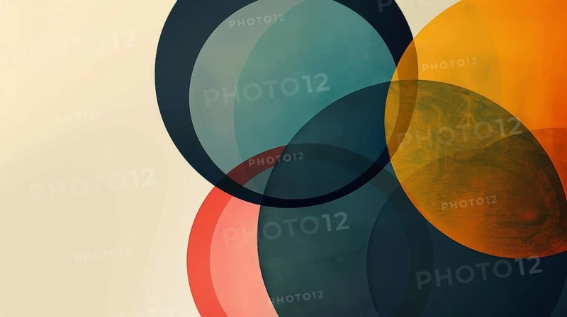 Overlapping circles in dark blue, green, orange, and red on a light background with gradient and transparency effects, AI generated