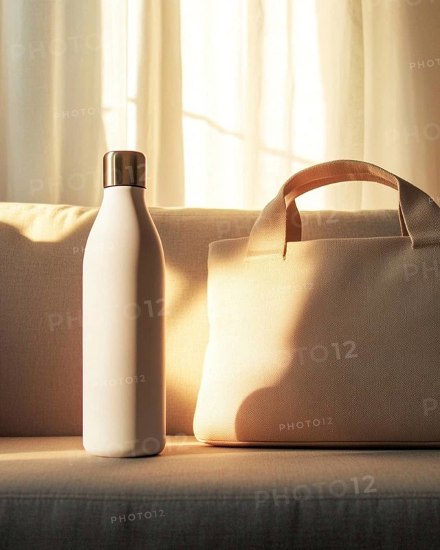 A white bottle with a metallic top and a beige bag placed on a fabric sofa, bathed in soft sunlight, creating an elegant ambiance, AI generated