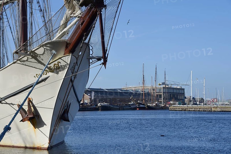 Den Helder, Netherlands. April 2023. The bow and bowsprit of an old schooner
