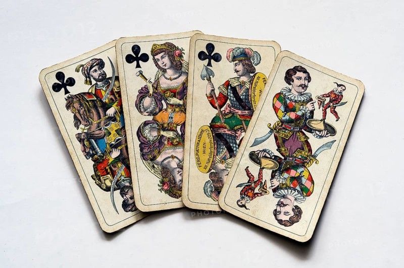 Old clubs or clubs playing cards with joker by Ferdinand Piatnik and Sons around 1900, Vienna, Austria, Europe