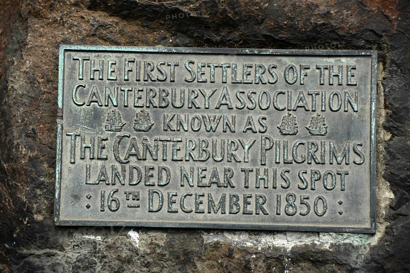 Detail of a plaque on Pilgrim Rock, a monument to the original Canterbury Pilgrims who settled in Christchurch, New Zealand, in December 1850, Lyttleton Harbour, New Zealand, Oceania