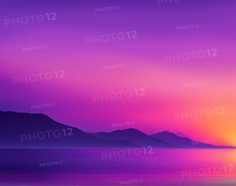 Serene gradient sunset behind mountains over calm water with purple and pink tones, AI generated