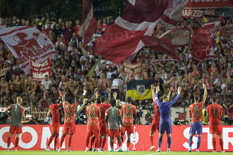 Football match, the team of FC Bayern Munich with raised hands in the curve after the victory to celebrate with the fans, football stadium Donaustadion, Ulm, Germany, Europe