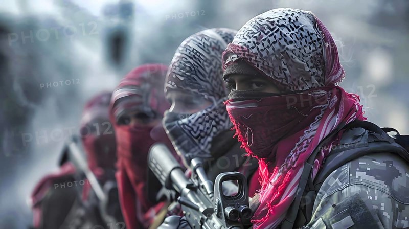 Four young Muslim fighters armed with an assault rifle with red and black coloured kufiya, Palestinian scarves, AI generated, AI generated