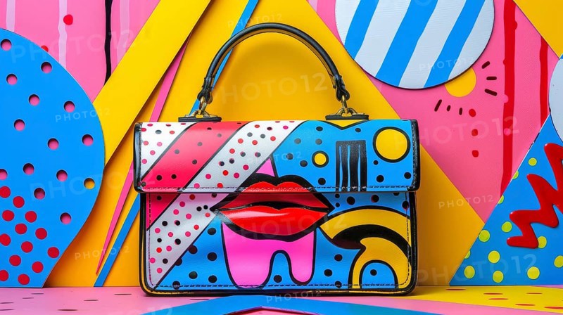 Handbag in pop art style with bright colors, geometric patterns, and abstract design including a lips illustration, AI generated