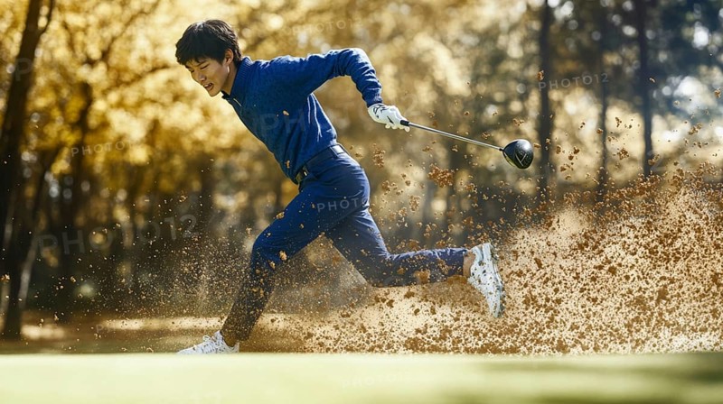 Man in blue outfit running on a golf course, dirt trailing behind, AI generated