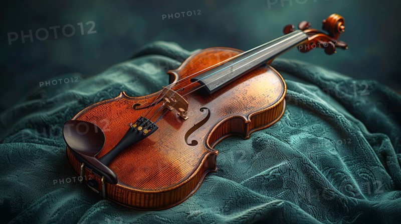 A beautifully crafted violin resting on a textured green fabric, displaying its elegant wooden body and strings, AI Generated, AI generated