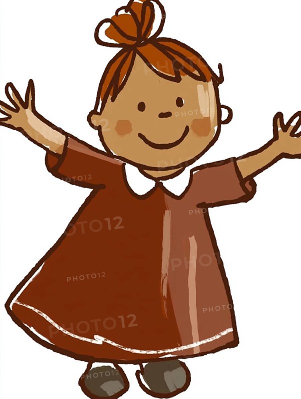 Cartoon drawing of a cheerful girl in a brown dress with arms spread wide, AI generated