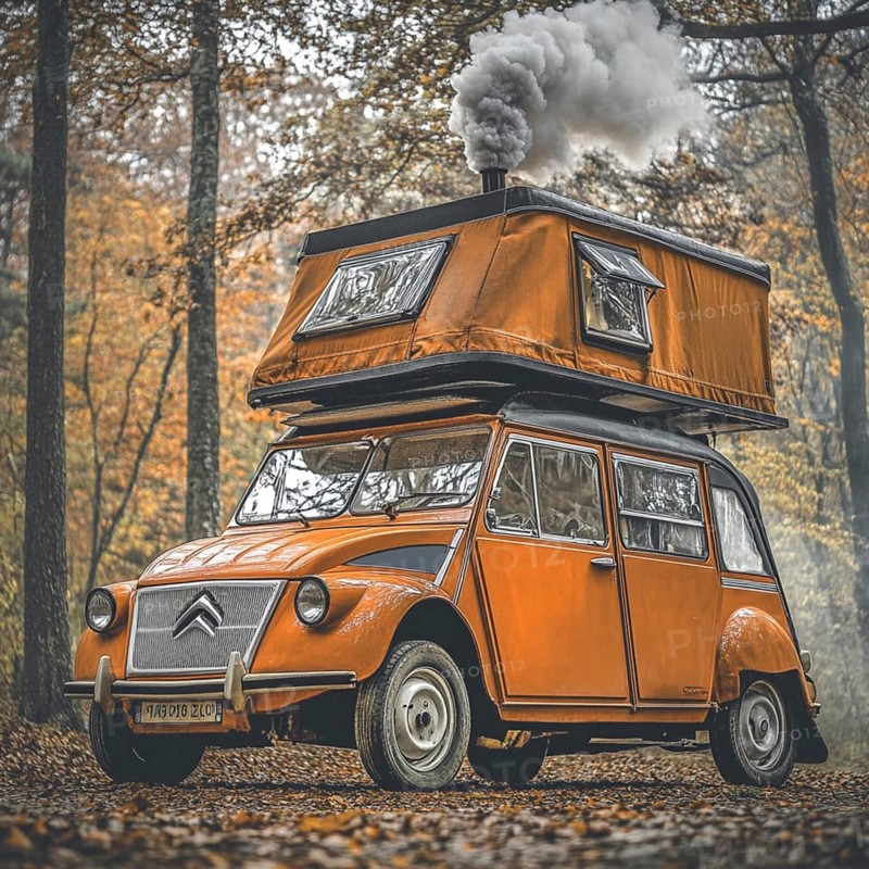 Orange vintage car with rooftop tent van in an autumn forest with smoke coming out of a chimney on the roof, AI generated