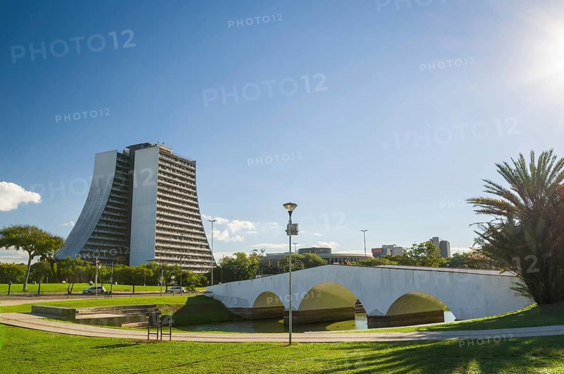 Porto Alegre, Rio Grande do Sul, Brazil, March 29, 2021: Beautiful photograph of the square of the Azoreans, bridge and monument to the Azoreans on a sunny day, South America